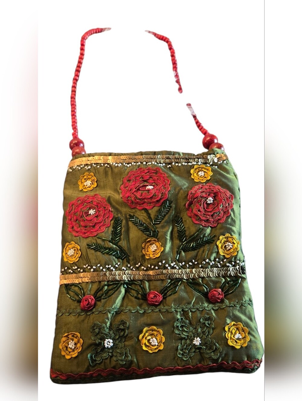 Two's Company Ric Rac RIbbons Embroidered Floral Bag in Olive and Red